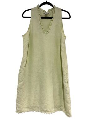 Tommy Bahama Linen Light Green Sleeveless Ruffle V neck Dress With Pockets